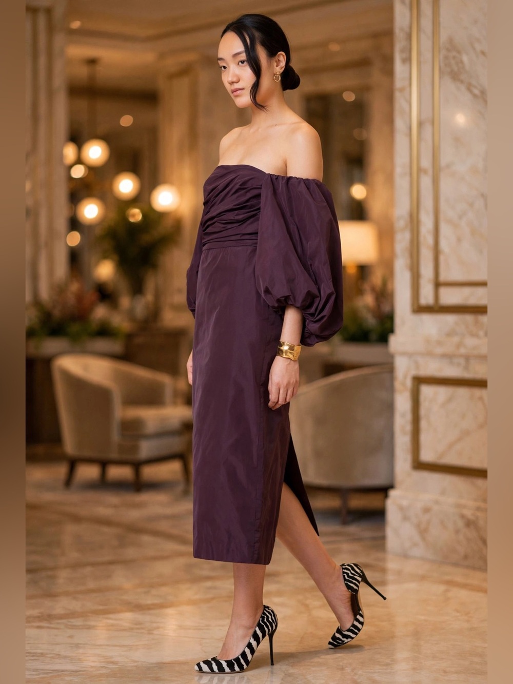 Tanya Taylor Charlotte dress Elegant Puff-Sleeve Midi Dress in Deep Plum size 10 - Picture 5 of 12